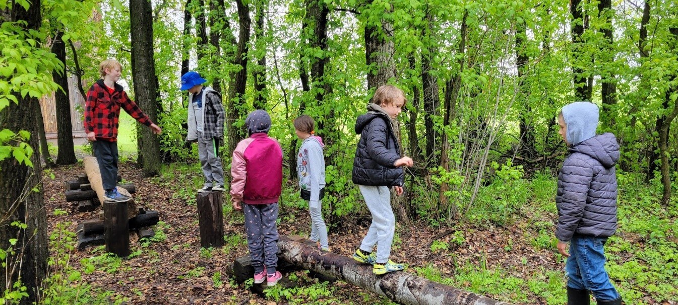 children walking in a forest.