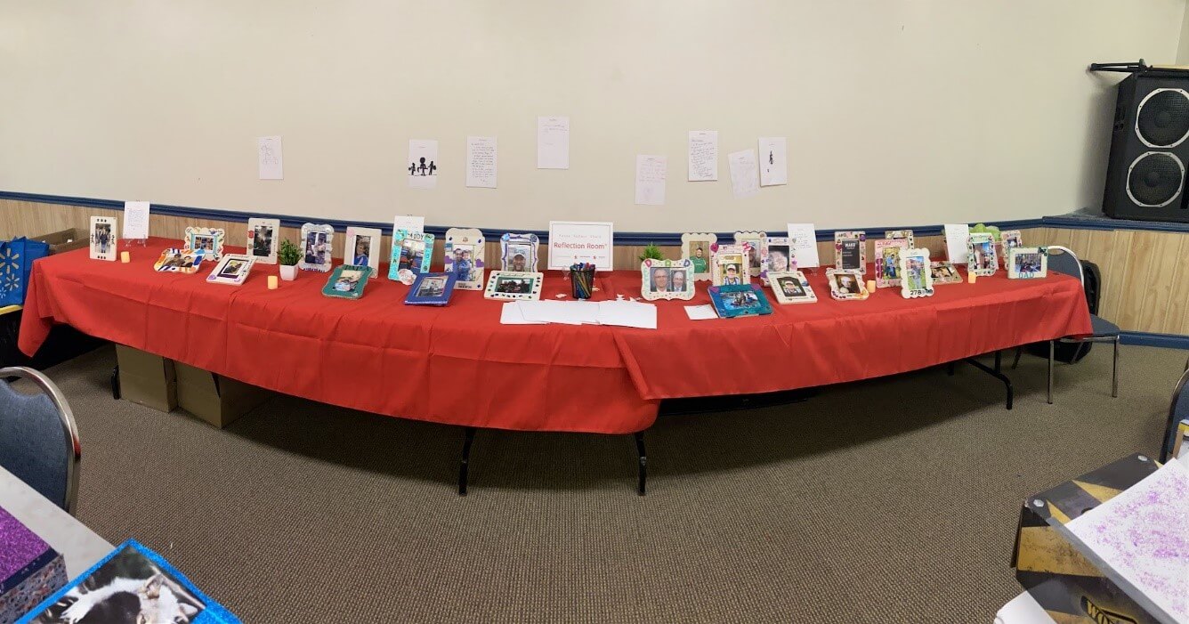 Table of pictures of loved ones that have passed away.