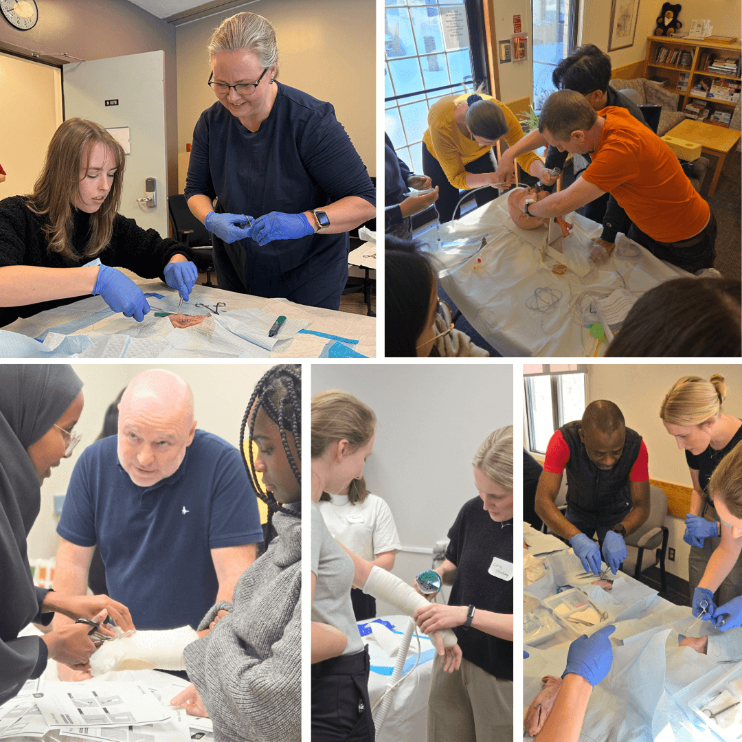 Student doctors practicing medical procedures.