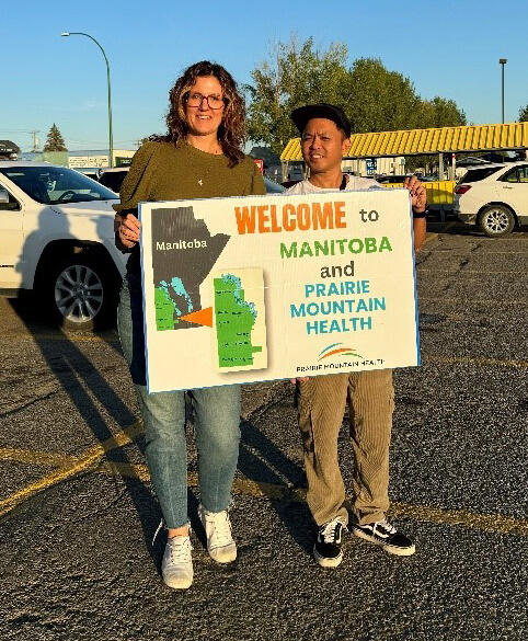 PMH Recruitment Manager Larissa Kominko shares a minute to welcome Saul Almonicar, Internationally-educated registered nurse, to Dauphin. Saul began working at Dauphin Regional Health Centre Sept. 23.